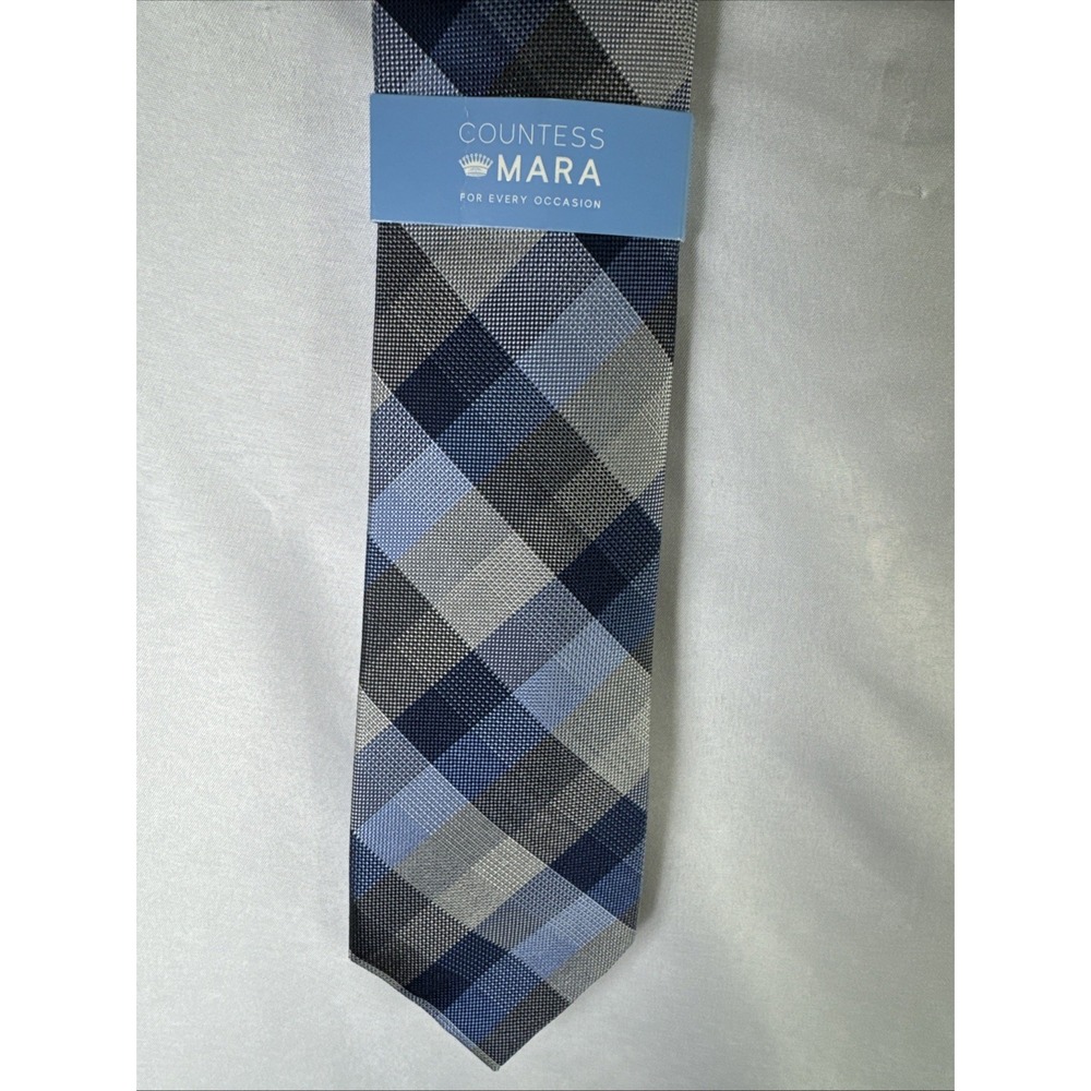 Countess Mara Men's Tie 100% Silk Neck Tie Varsity Gingham Blue NWT